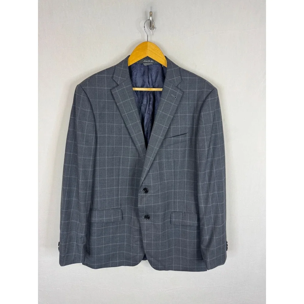 Indochino Mens 44L Tall 36X31 Gray Windowpane 100% Wool 2 Piece Suit Paisley